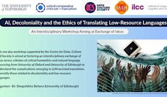 A workshop banner for "AI, Decoloniality and the Ethics of Translating Low-Resource Languages," featuring university logos and an image of hands reaching for a laptop underwater, symbolising struggle or need.