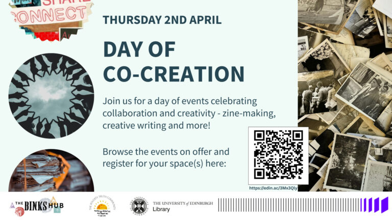Promotional poster for “Day of Co-Creation” on Thursday 2nd April, featuring zine-making, creative writing, and more. Includes event details, a QR code, and collage-style images of typewriters, zines, and photographs.