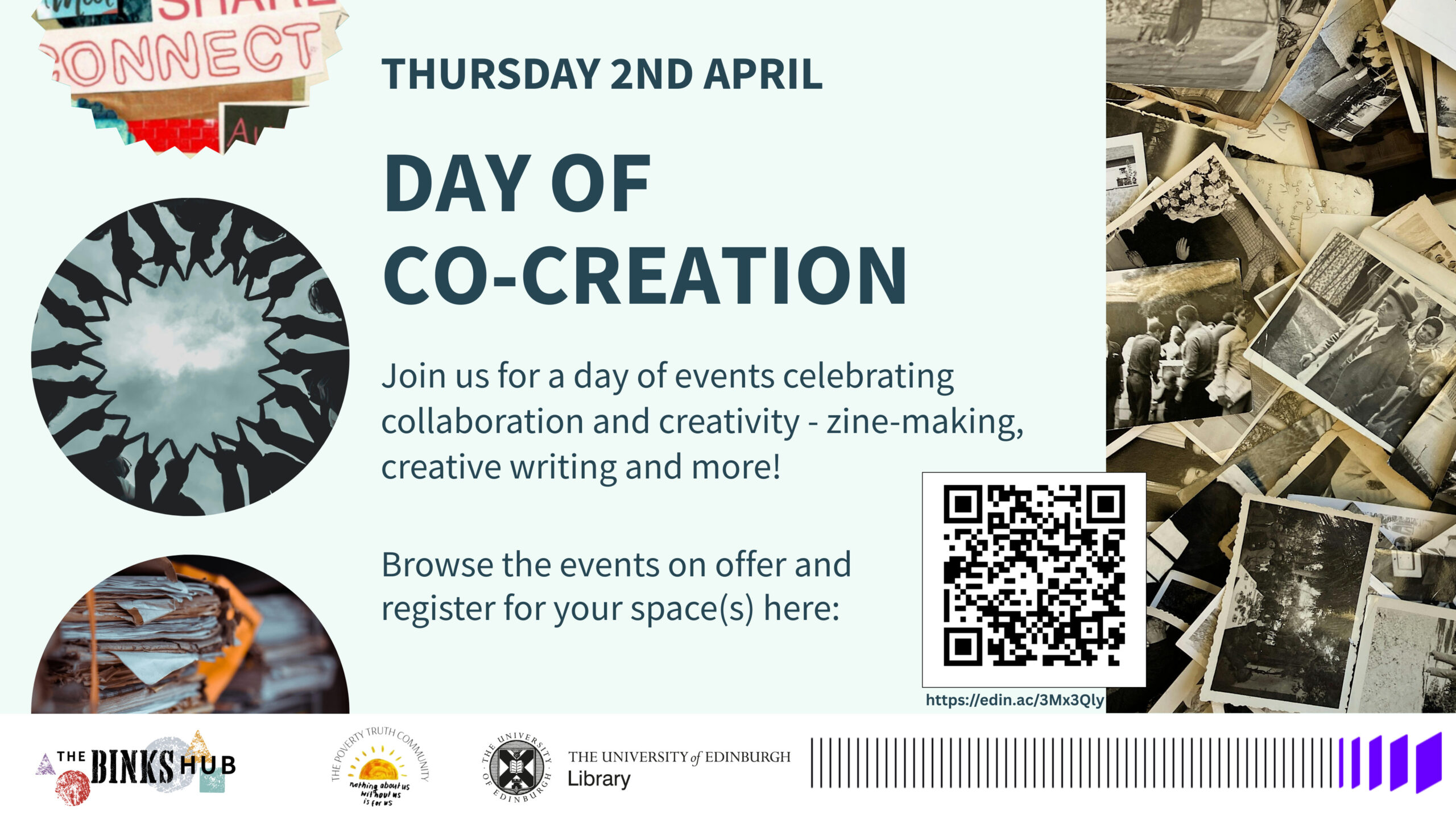 Promotional poster for “Day of Co-Creation” on Thursday 2nd April, featuring zine-making, creative writing, and more. Includes event details, a QR code, and collage-style images of typewriters, zines, and photographs.
