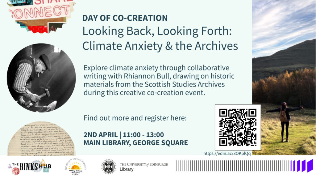 Event poster for "Day of Co-Creation: Looking Back, Looking Forth: Climate Anxiety & the Archives" featuring event details, a QR code, partner logos, and images of a man writing and a person walking outdoors.