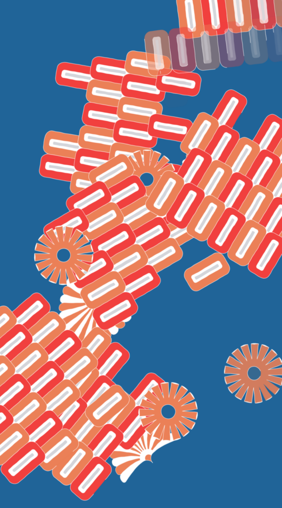 Abstract illustration of stacked red and orange rectangular shapes and circular fans on a blue background, creating a geometric and dynamic pattern.