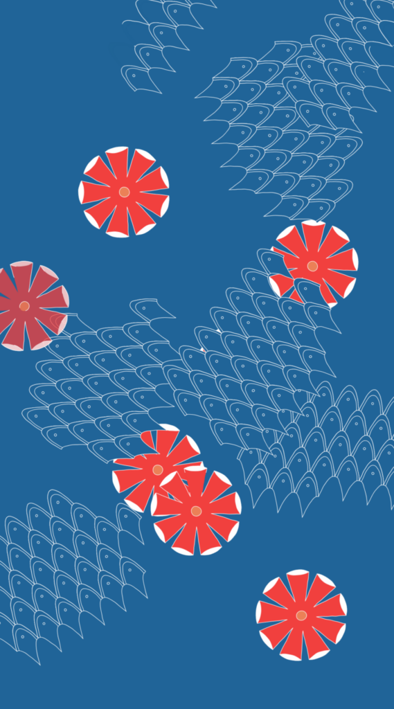 Abstract design with red and white flower-like shapes and overlapping white geometric fish scale patterns on a blue background.