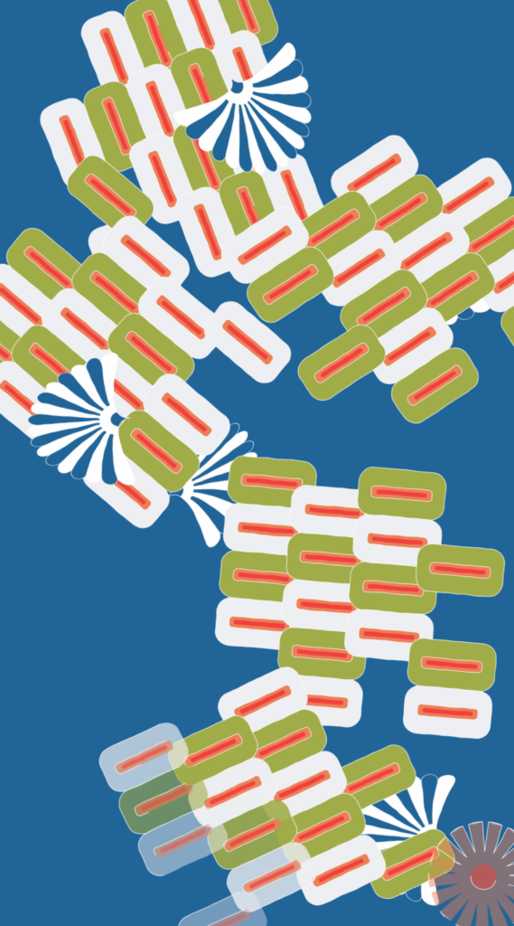 Abstract design featuring clusters of green and red rectangular shapes interspersed with fan-like blue and white patterns on a blue background.