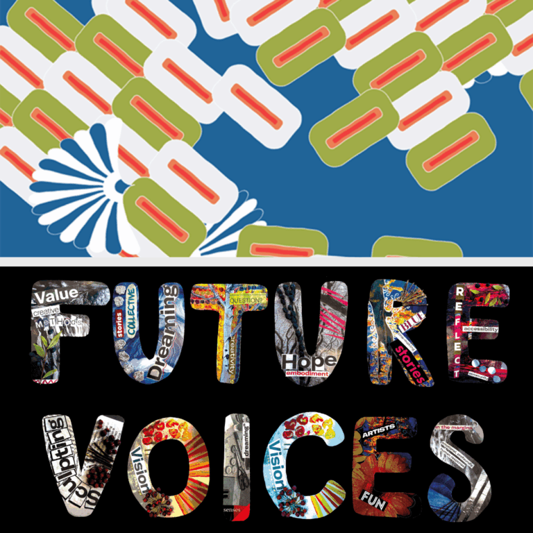 Abstract blue, white, green, and red shapes fill the top half; the bottom half has "FUTURE VOICES" in large collage-style letters made from magazine clippings, featuring words like "Hope," "Dreaming," and "Value.