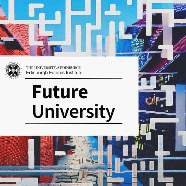 White square with "Future University" in bold black text, above the University of Edinburgh logo and "Edinburgh Futures Institute". The background features a colourful, abstract geometric maze pattern.