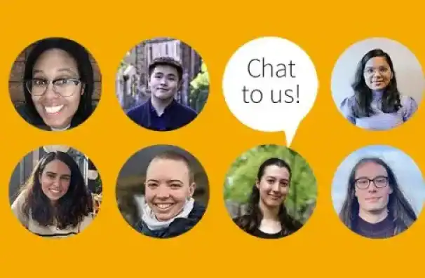 A grid of seven diverse people’s headshots on a yellow background with a speech bubble in the centre that says “Chat to us!”.