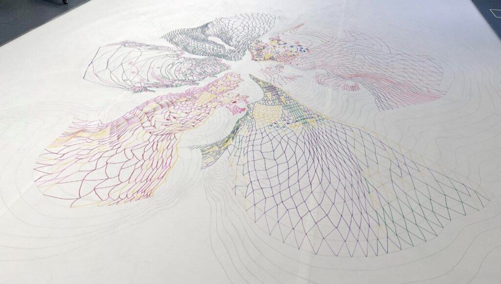 Abstract line drawing on a white surface, featuring geometric mesh patterns and organic shapes radiating from a central point in soft pastel colours, including pink, yellow, purple and green.