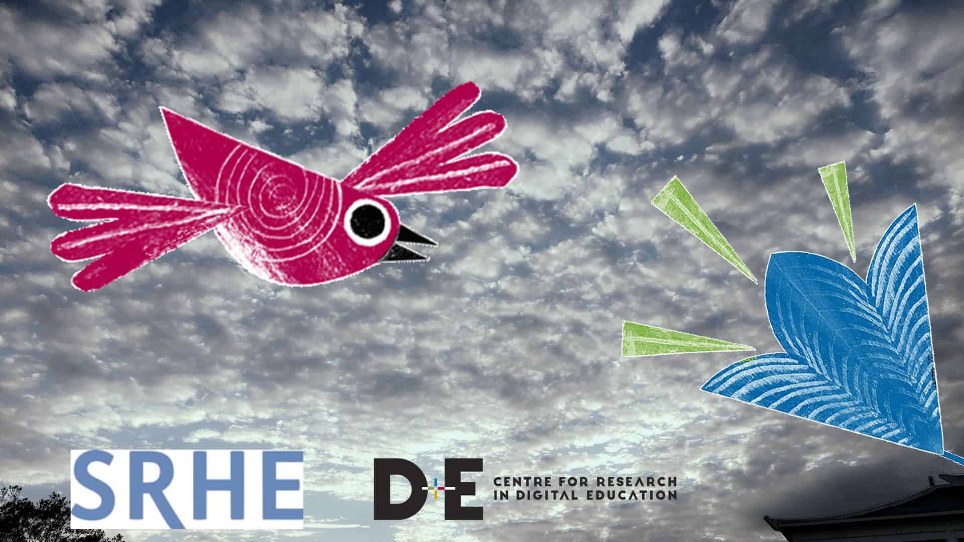 A stylised pink bird flies towards a blue abstract shape against a cloudy sky. Logos for SRHE and the Centre for Research in Digital Education appear at the bottom.