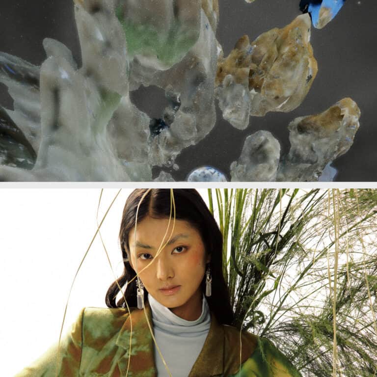 The image is split: the top half shows a close-up of translucent crystals with hints of green and blue; the bottom half features a woman with long dark hair in green clothing, standing among tall grasses.