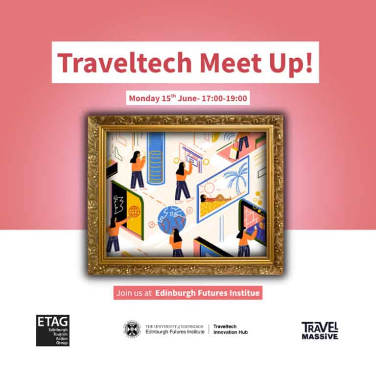 Promotional poster for “Traveltech Meet Up!” on Monday, 15th June, 17:00–19:00. It features stylised illustrations of people and travel tech inside a gold frame, with ETAG, Edinburgh Futures Institute, and Travel Massive logos.