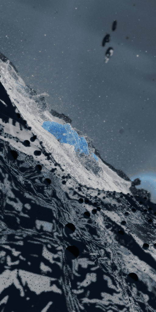 Abstract image of a snowy, mountainous landscape with blue ice formations, dark rocky textures, and scattered black spots, under a cloudy, star-speckled sky.