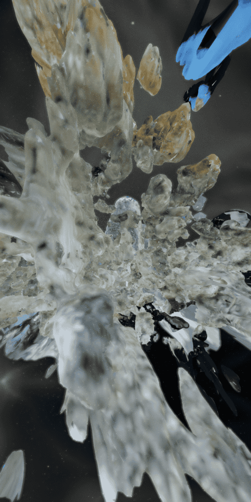 Abstract, swirling formation of translucent, crystal-like structures with hints of brown and green, set against a dark, cloudy background with some blue and black shapes around the edges.