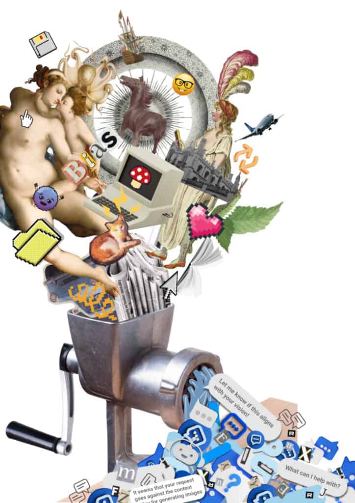 A surreal collage of classical art, icons, and symbols, including a Venus figure, dice, cat, and computer emojis, pouring from a hand grinder along with social media and chatbot messages.
