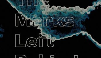 Abstract blue and white scattered shapes on a black background with transparent outlined text reading "The Marks Left Behind" overlaid at the centre.