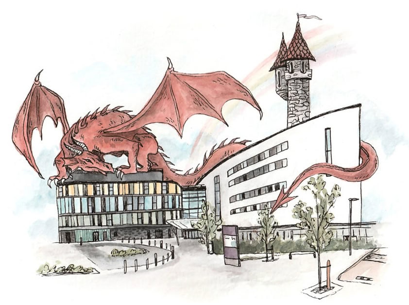 A large red dragon is perched on the roof of a modern building with a castle-like turret, its tail wrapped around trees and its wings spread wide.