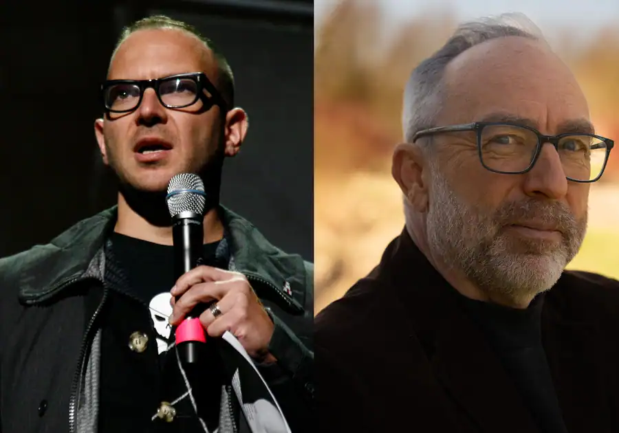 Two men with glasses: on the left, one speaks into a microphone under stage lighting; on the right, one poses outdoors in a dark jacket with a blurred background.