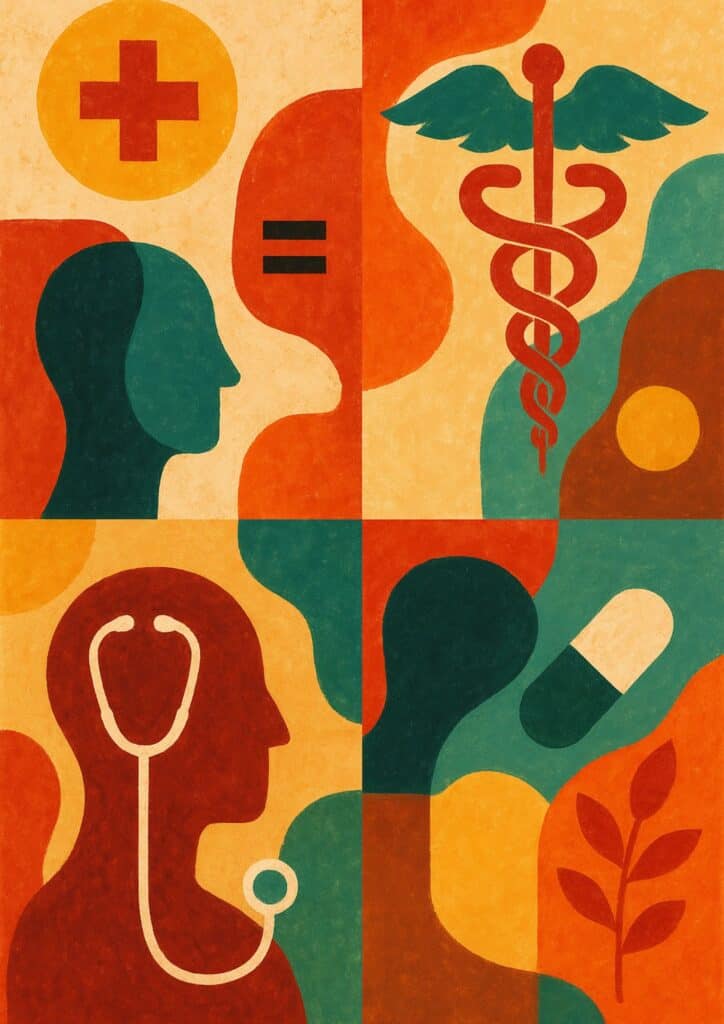 Abstract art with medical symbols: a cross, caduceus, stethoscope, pill, and human silhouettes in warm colours, representing healthcare and wellbeing themes.