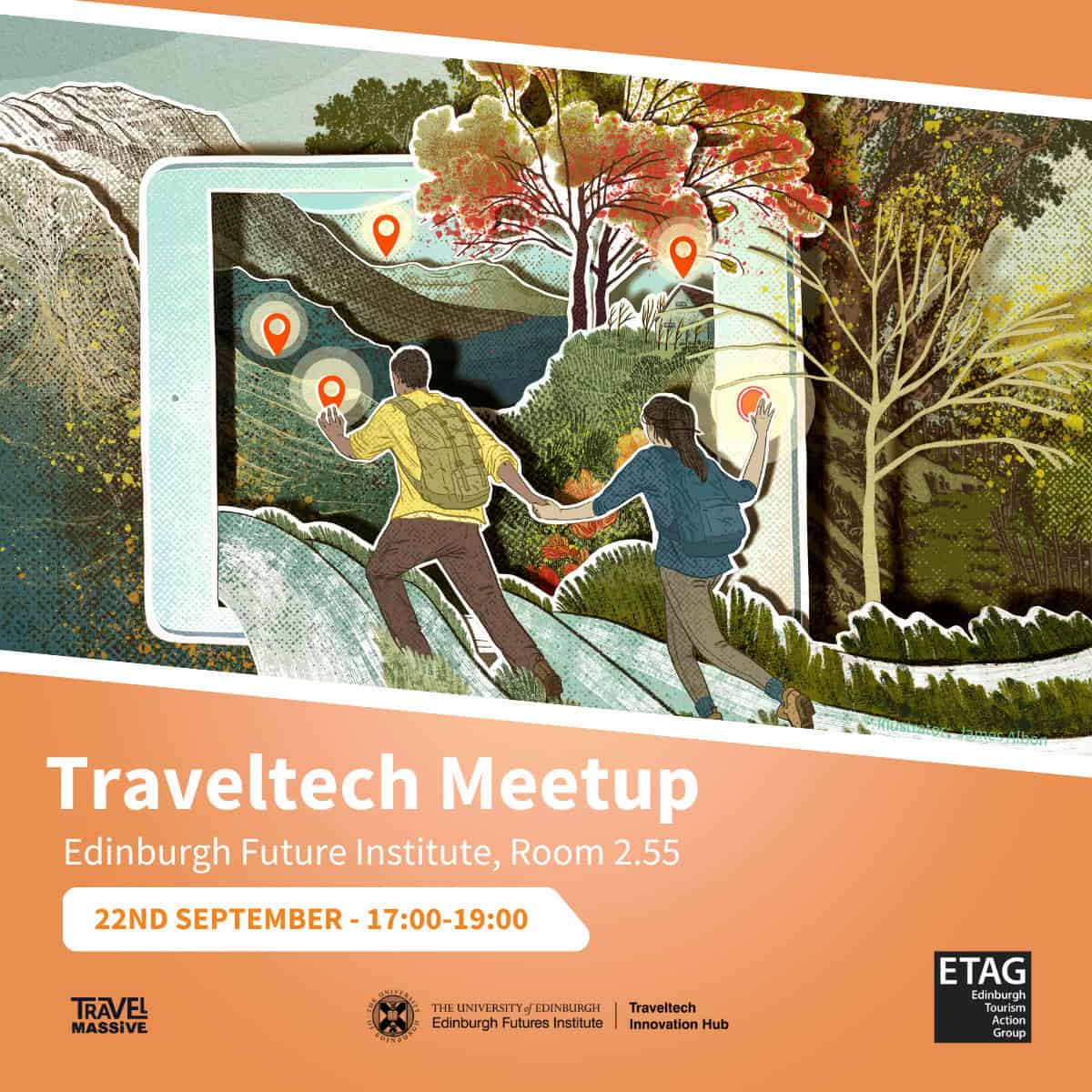 Illustrated ramblers with map pins walk from a digital tablet into a landscape of trees and mountains. Text reads: Traveltech Meetup, Edinburgh Future Institute, Room 2.55, 22 September, 17:00–19:00.