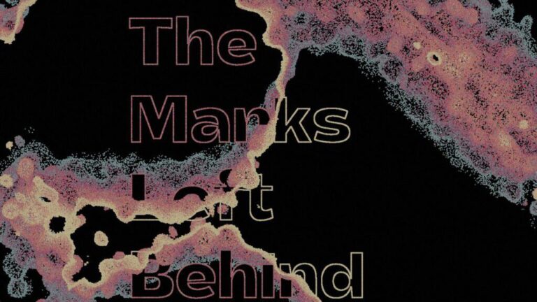 Text “The Marks Left Behind” appears partially obscured by abstract, pink and yellow splodges on a black background.