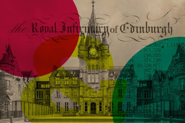 A collage features the Royal Infirmary of Edinburgh, colourful geometric overlays, vintage script, and mathematical numbers, blending historic and modern elements.