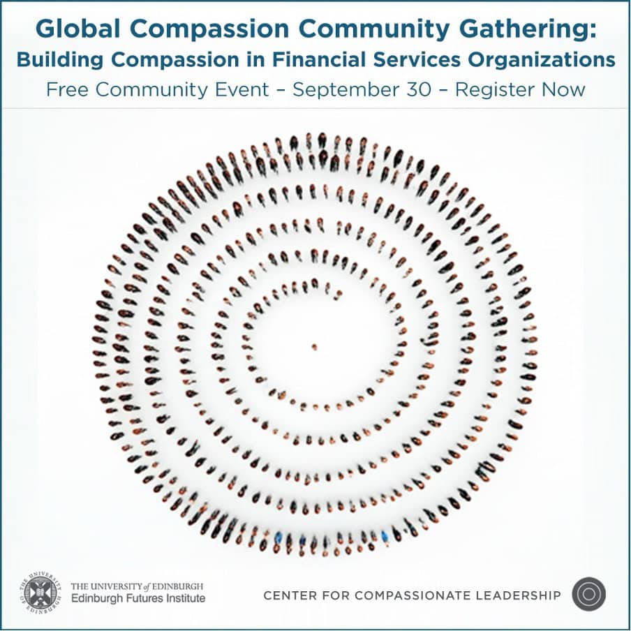 People standing in concentric circles viewed from above, promoting the “Global Compassion Community Gathering” event on building compassion in financial services organisations, held on 30 September.