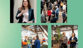 A person speaks into a microphone; groups of people mingle and talk in a large room; two women stand by plants, whilst others speak in a modern office with exposed beams.