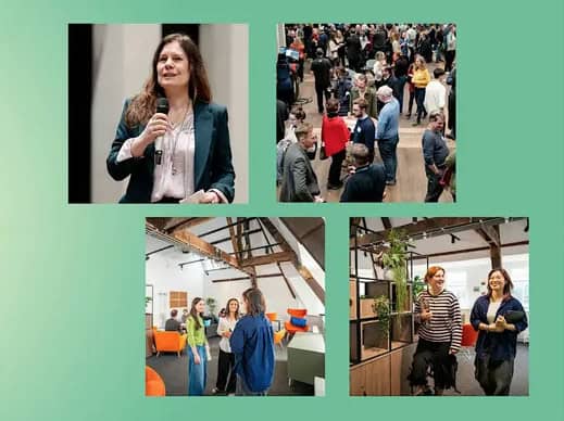 A person speaks into a microphone; groups of people mingle and talk in a large room; two women stand by plants, whilst others speak in a modern office with exposed beams.