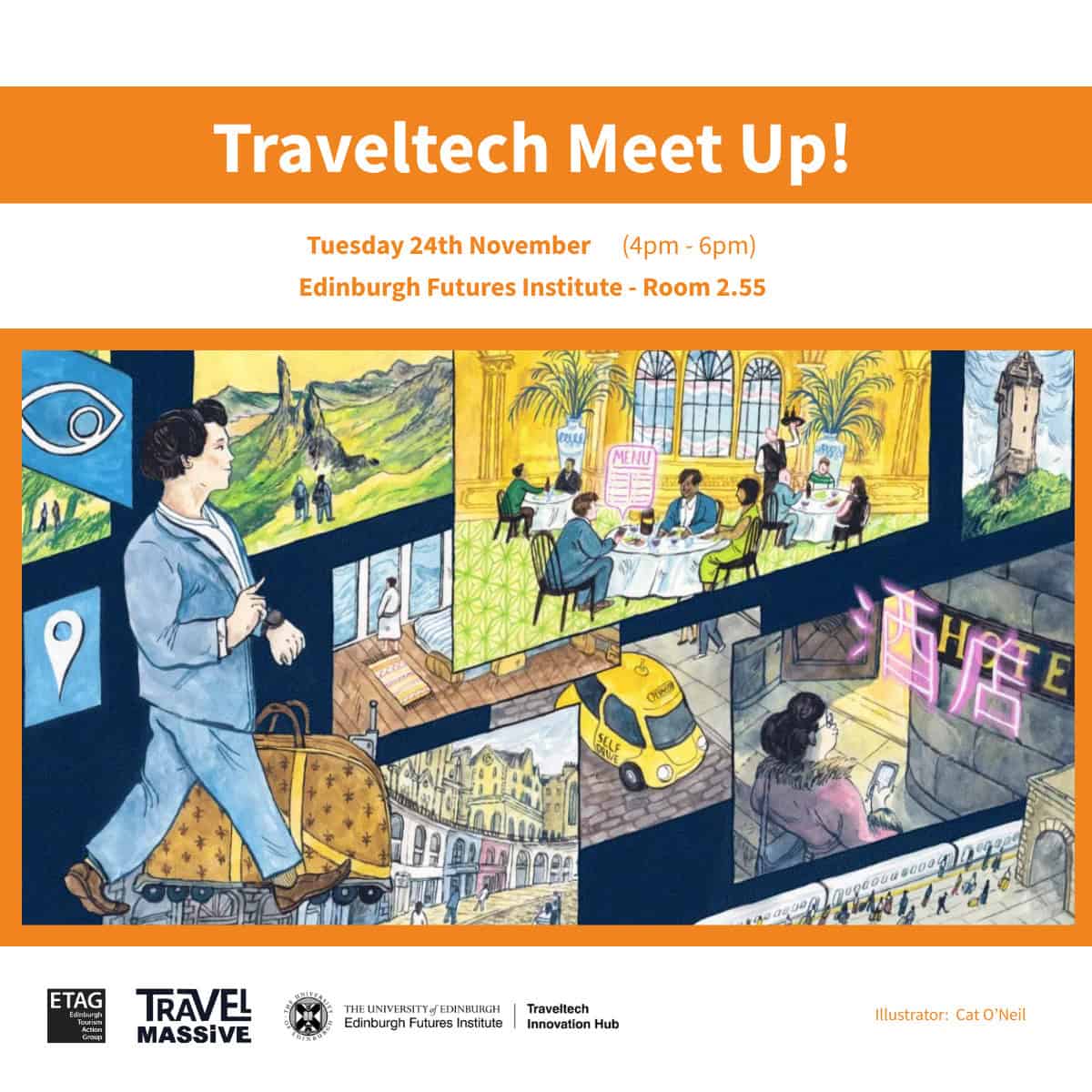 Event poster for a Traveltech Meet Up on Tuesday, 24 November, 4pm–6pm at the Edinburgh Futures Institute, featuring an illustration of a traveller and scenes of tourism and urban life.