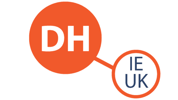 Logo consisting of a large orange circle containing the letters “DH” connected by a line to a smaller white circle with an orange border containing the letters “IE” and “UK”.